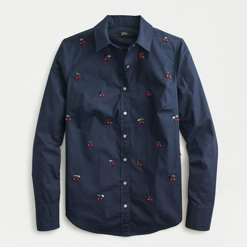 J-Crew Navy Cherry Embroidered Button-Down Shirt
